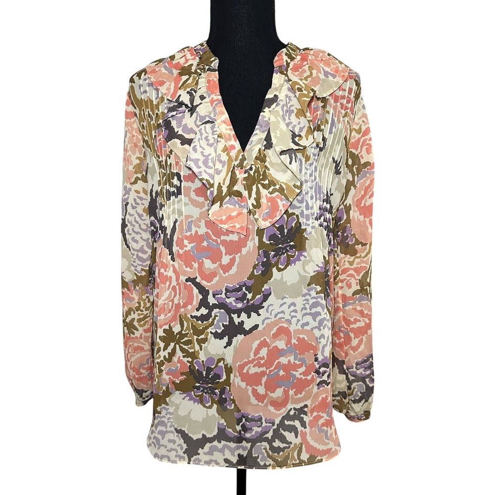 Lauren Ralph Lauren Multi Floral Sheer Ruffle‎ Long Sleeve Blouse Top Women's PM